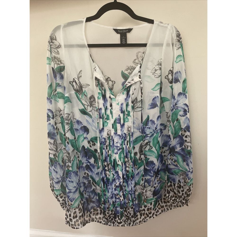 White House Black Market Blue‎ White Floral Blouse Pleated Leopard Semi Sheer 4